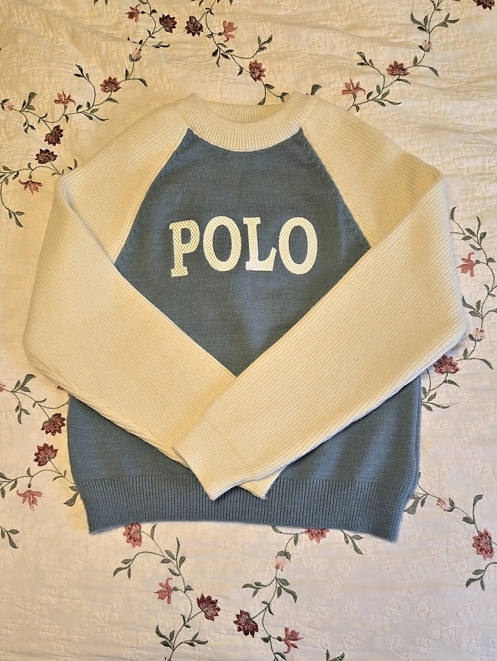 Vintage Polo Ralph Lauren Spellout Knit Raglan Sweater Blue Cream (Fits XS )
